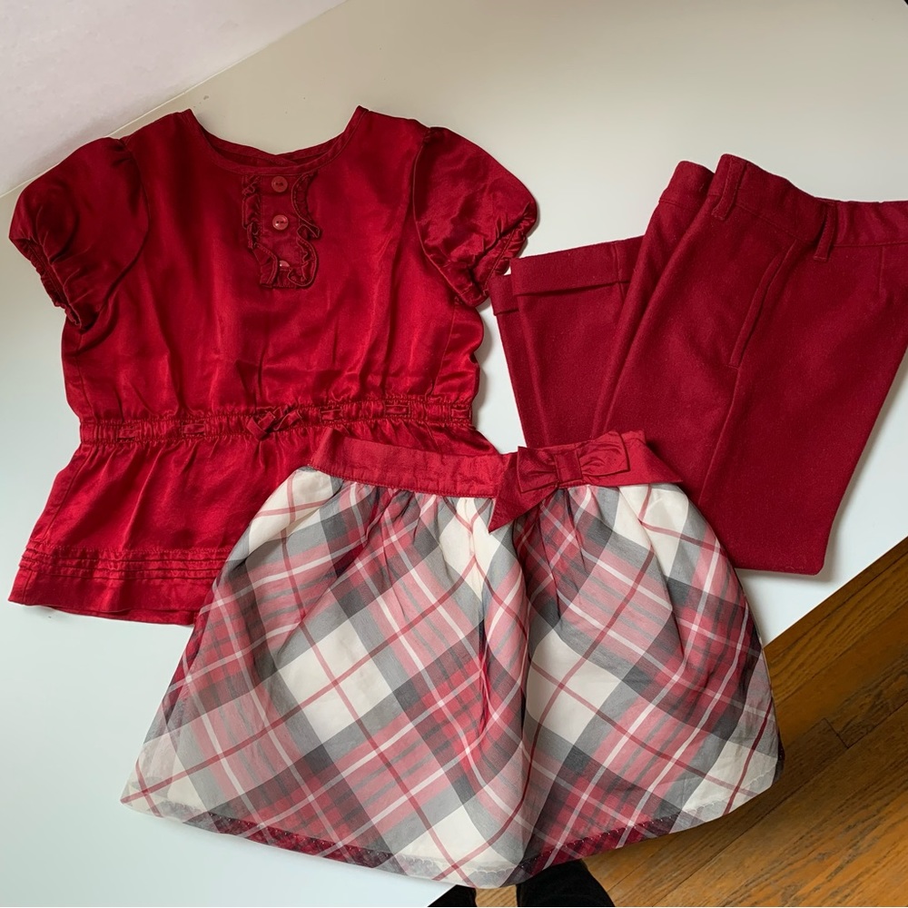Janie & Jack 3 pc girls holiday outfit. Red plaid silk skirt, & wool pants 3T